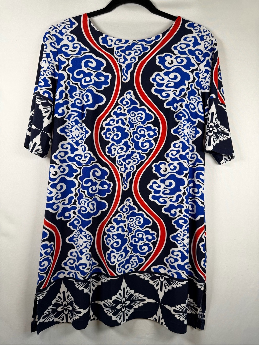 Vipavadee Blue White Red Print Shift Dress or Tunic Top Size M Made in USA